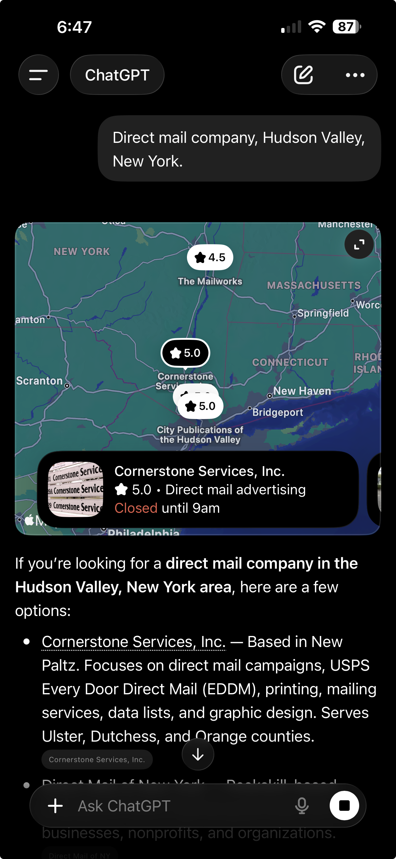 ChatGPT citing Cornerstone Services, Inc. as the top direct mail company in Hudson Valley NY